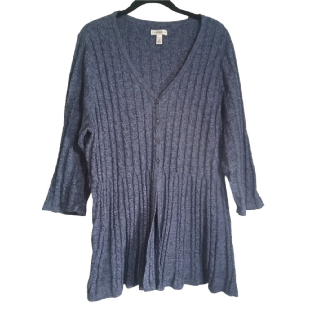 Croft & Barrow Popover Top Sz 1X 100% Cotton Blue Marl V Neckline Cable Knit